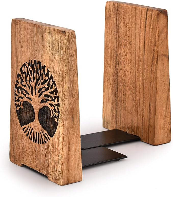 NIRMAN Office Bookends Iron & Acacia Wood Tree of Life Office Bookends for Shelves or Bookcase Heavy Bookends, Home Décor Gift (4"" X 4"" X 6""), (Set of 2), Brown