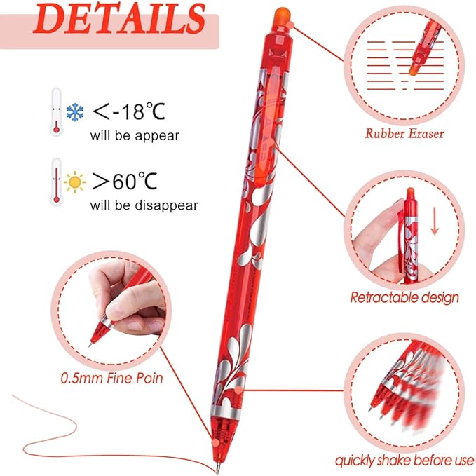 6Pcs Erasable Gel Pens Red Ink, 0.5mm Retractable Quick Dry Fine Point Pens, Smooth Writing Pens for Journaling, Coloring, Drawing, Doodling, Note Taking