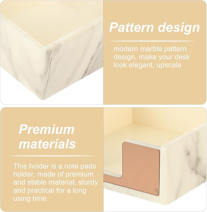 Memo Pad Box and Sticky Paper Case, Marble Pattern Desktop Notepad Organizer Gold Accent, Office Supply Organizer for Memo Pad Storage and Note Dispensing
