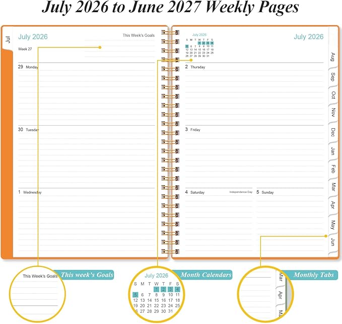 2026-2027 Planner - Weekly and Monthly Calendar Planner from Jul 2026 - Jun 2027, Planner 2026-2027 Spiral Bound with 12 Monthly Tabs, Inner Pocket, Perfect for School Office Supplies, 6.4" x 8.5", Orange-C