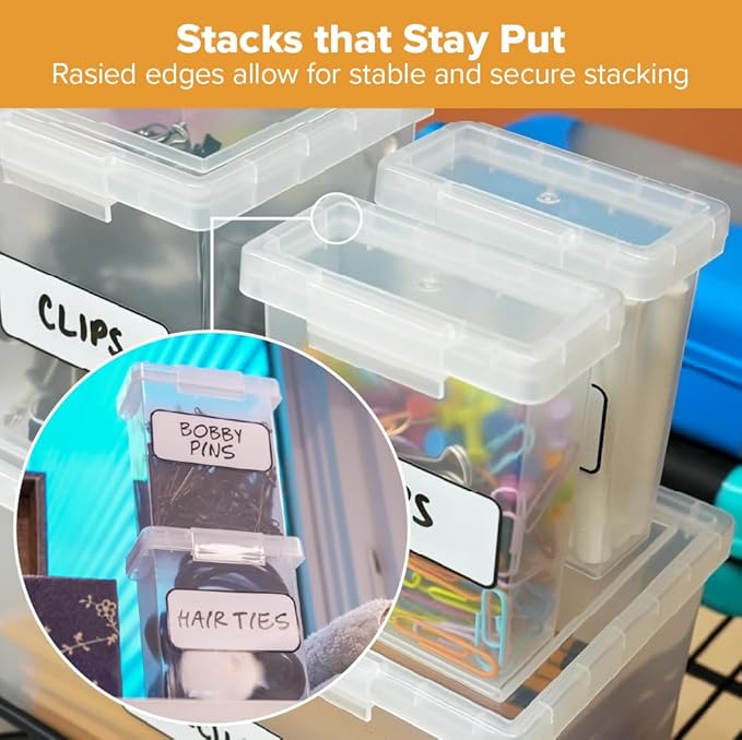 Bostitch Konnect Storage Containers with Lids, Clear Plastic Box, Stackable for Crafts, Home and Office Orginzation, Labels. Small Storage Set (3 Piece: 1 × 1.5Qt, 2 × 0.5Qt)