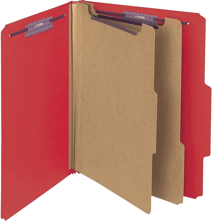 Smead PressGuard Classification File Folder with SafeSHIELD Fasteners, 2 Dividers, 2" Expansion, Letter Size, Bright Red, 10 per Box (14202)