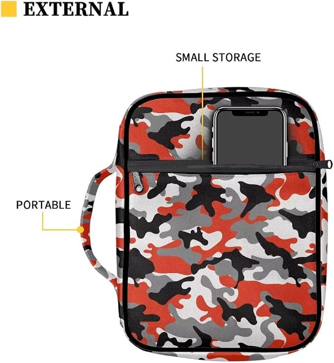Coldinair Red Camo Bible Cover for Men Kids,Carrying Book Case Church Bag Scripture Bag Bible Tote Bag with Zippered Pocket and Handle