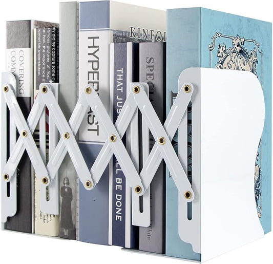 Aobopar Adjustable Book Ends, Metal Bookends for Heavy Books, Desk Book Holder for Shelves, Book Organizer for Desk, Suitable for Office, Home and School Use (White)