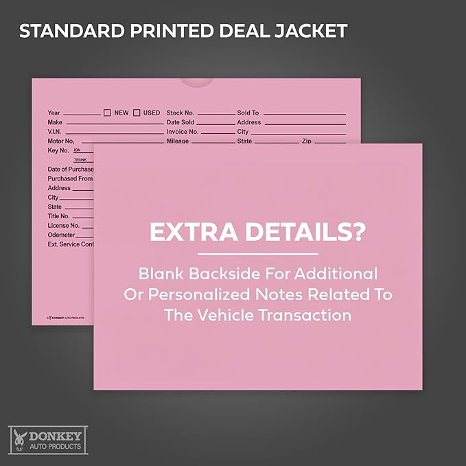 Printed Vehicle Deal Envelopes 9x12 Deal Jackets (100 shrink wrapped) (Pink)