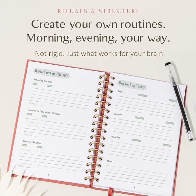 The ADHD Planner - Undated Daily Weekly Schedule Organizer Journal for Disorganized People - Habit Tracker Record Emotions & Mood - Academic Goals - Structure & Focus for Adults Brains (Spiral) (Red)