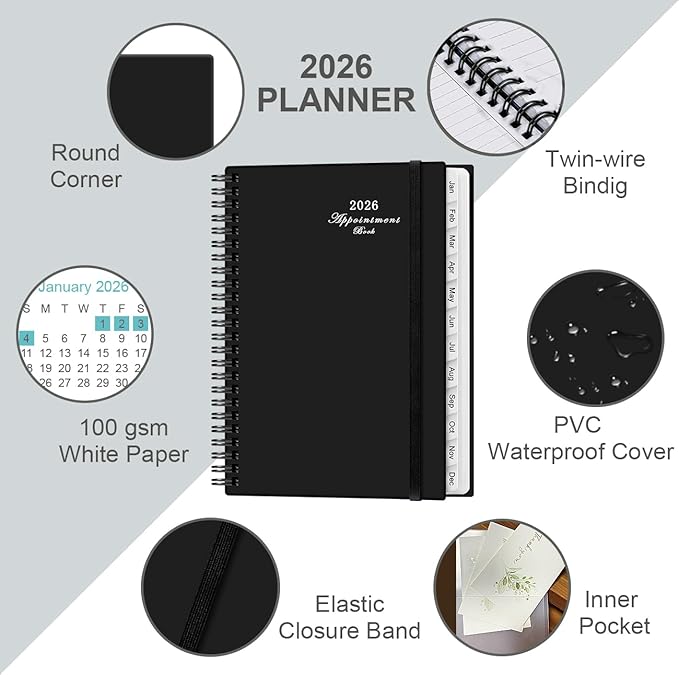 2026 Appointment Book & Planner - 2026 Daily Hourly Planner from January 2026 - December 2026, Weekly Appointment Book with 30-Minute Interval, Medium 6.4" x 8.5", Black-D