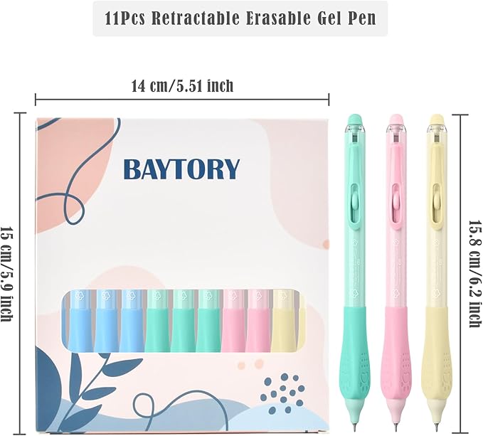 BAYTORY 11Pcs Fine Point Erasable Gel Pens, 0.5mm Aesthetic Retractable Silent Erasable Pen, Comfortable Grip for Smooth Writing Planner and School Supplies (Black Ink)