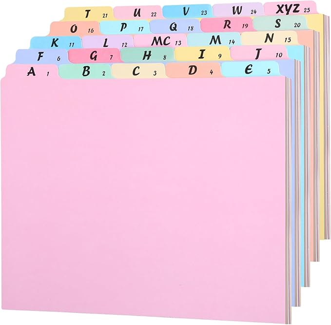 1 Set 25 Alphabet File Dividers A-Z Top Tab File Guides Letter Size 1/5 Cut Tab Alphabetic and Number Files Organizer Filing Cabinet Dividers for Work Office Home School Desk Organizer (Pastel)