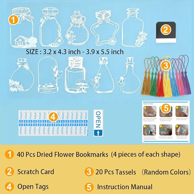 YCOSAN 62 Pcs Dried Flower Bookmark Kit, DIY Transparent Thousand Flower Bookmarks, Handmade Clear Bookmark Page