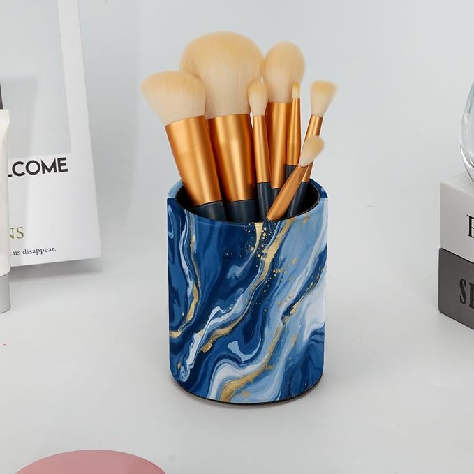 Blue Abstract Fluid Marble Leather Pen Holder for Desk, Multifunctional Desktop Organizer Pencil Cup, Desktop Caddy Stationery Organizer for School Home Office Desk Accessories