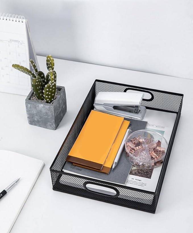 2 Pack Desk Organizer Tray,Metal Mesh Desk Tray with Handle, Portable Desktop Storage,Office File Organizer for Papers, Magazines, Crafts, Office Supplies