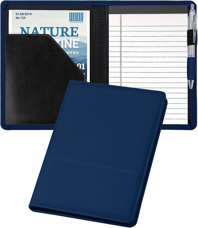 Classic Padfolio/Junior Portfolio Folder Case, Business A5 Binder Organizer Notepad for Men Women, 5 x 8 Writing Pad Included, Navy Blue