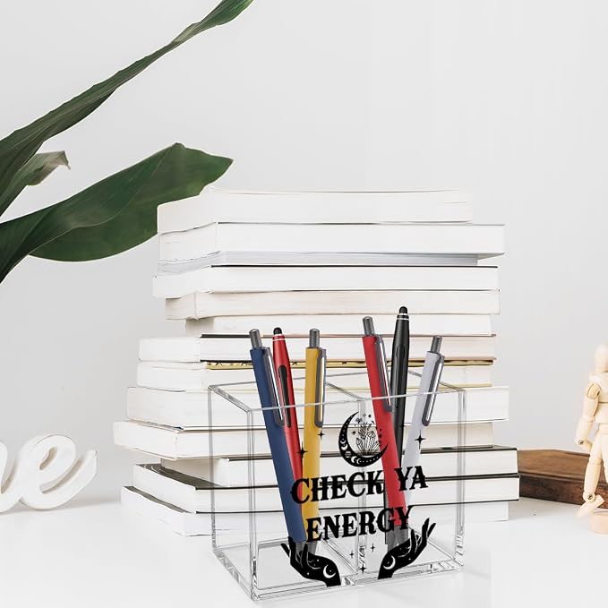 Funny Witchy Acrylic Cosmetic Pencil Pen Holder Check Ya Energy Pen Holder Cup Spiritual Witch Gifts for Women Men Colleague Boss Decor for Home Office Desk Accessories