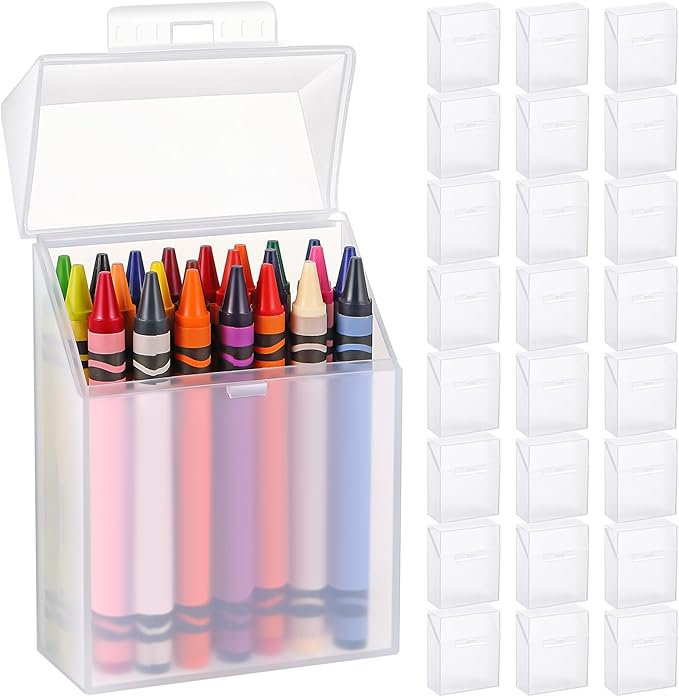 Clabby 24 Pcs Plastic Clear Crayon Box Bulk Holds 24 Crayon With Hinged Lid and Snap Closure for Pens School Office Supply Organization (Clear)
