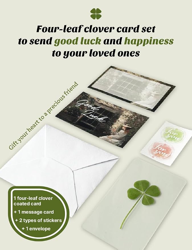 Genuine Real Four-Leaf Clover Bookmark, Elegant Bookmark, Smartphone, Wallet Coated Gift Thank You Card Four-Leaf Clover Gift (Fine Art Card)