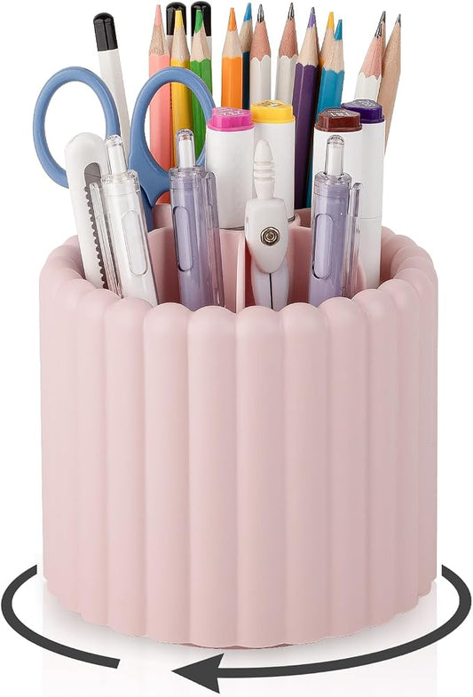 Anyoifax 360° Rotating Pen Holder 7 Slots Desk Organizer Removable Pencil Cup Plastic Art Supplies and Accessories Desktop Storage Box Caddy for Office, School, Home (Pink)