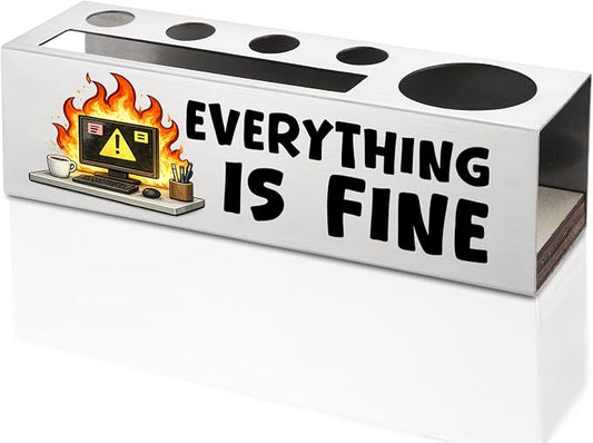 FOKCBOCM Funny Office Pen Holder with Everything Is Fine Quote, Stainless Steel Desk Organizer for Work Stress Humor, Sarcastic Workspace Decor Gift for Coworker-DS130