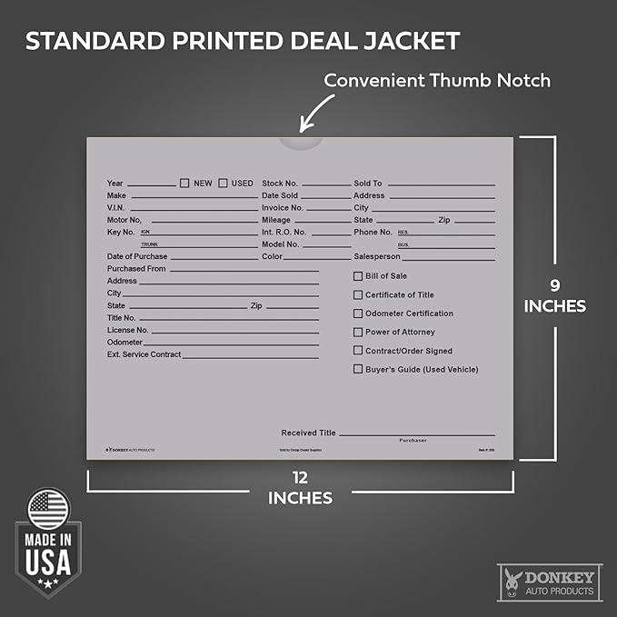Printed Vehicle Deal Envelopes 9x12 Deal Jackets (100 shrink wrapped) (Gray)