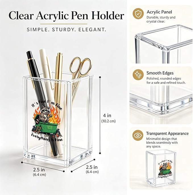Funny Pen Holder for Desk - Dumpster Fire Response Team - Clear Acrylic Makeup Brush Holder, Sarcastic Office Decor, Pencil Cup & Stationery Organizer for Coworker Workplace Gifts