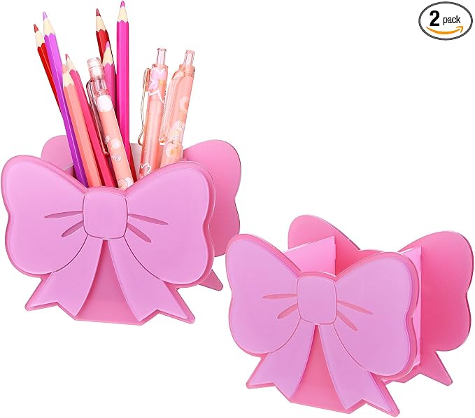 2 Sets Pink Pen Holder Pink Bow Pencil Holder Cute Desktop Pen Cup Makeup Brush Container Coquette Pinks Bow Desk Organizer-Assemble Acrylic Pen Holders Creative Stationery Storage Back to School Gift