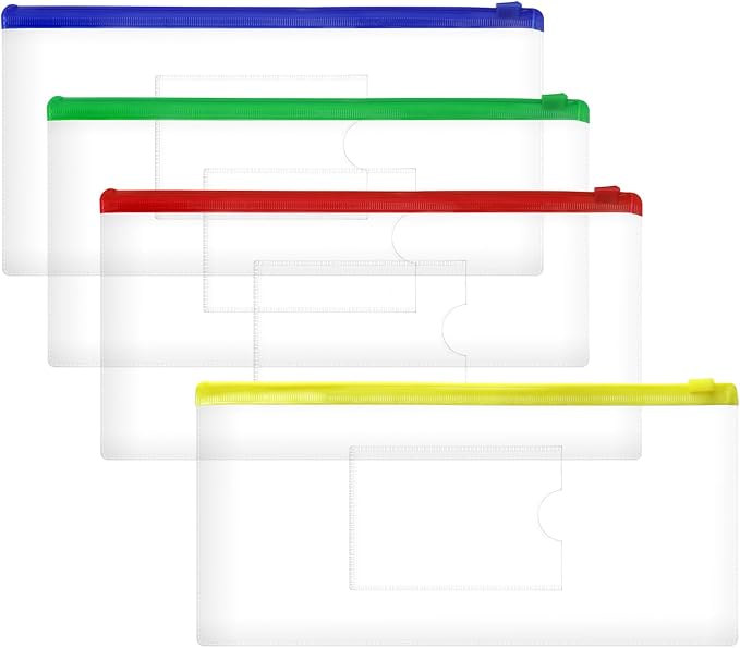 4PCS Clear Plastic Envelopes File Folders with Pockets PVC Pencil Case Pouch Zipper Storage Bags for Documents Cash Puzzles Travel Organizing Art Craft School Office Supplies, 9.4 x 4.7inch