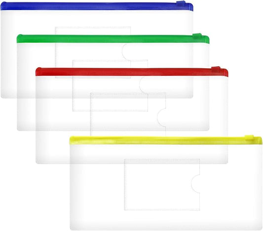 4PCS Clear Plastic Envelopes File Folders with Pockets PVC Pencil Case Pouch Zipper Storage Bags for Documents Cash Puzzles Travel Organizing Art Craft School Office Supplies, 9.4 x 4.7inch