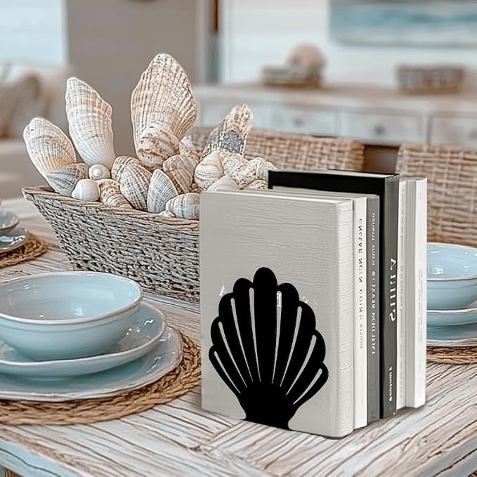Peacoblue Metal Bookends for Shelves, Modern Decorative Heavy Duty Study Book Support Stoppers for Office, Desk, Shelf, Room 5.3"x4.3"x5.5" Cast Iron Simple Tall Bookends, 1 Pair (Shells)