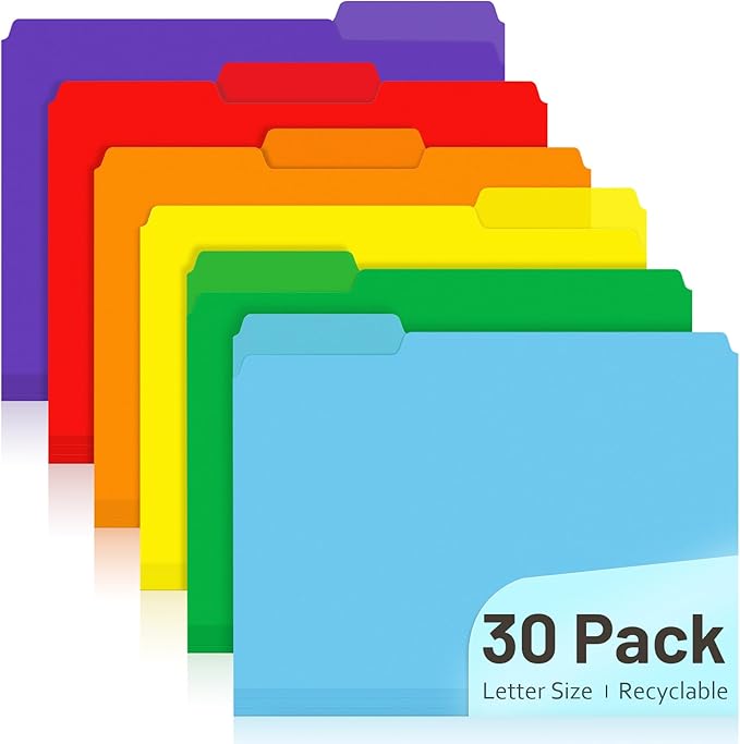 Comix Plastic Colored File Folders, 30 Pack, 1/3-Cut Tabs, Letter Size 8.5x11, 6 Assorted Colors, Poly Folders for Documents, Office, Home, School Organization