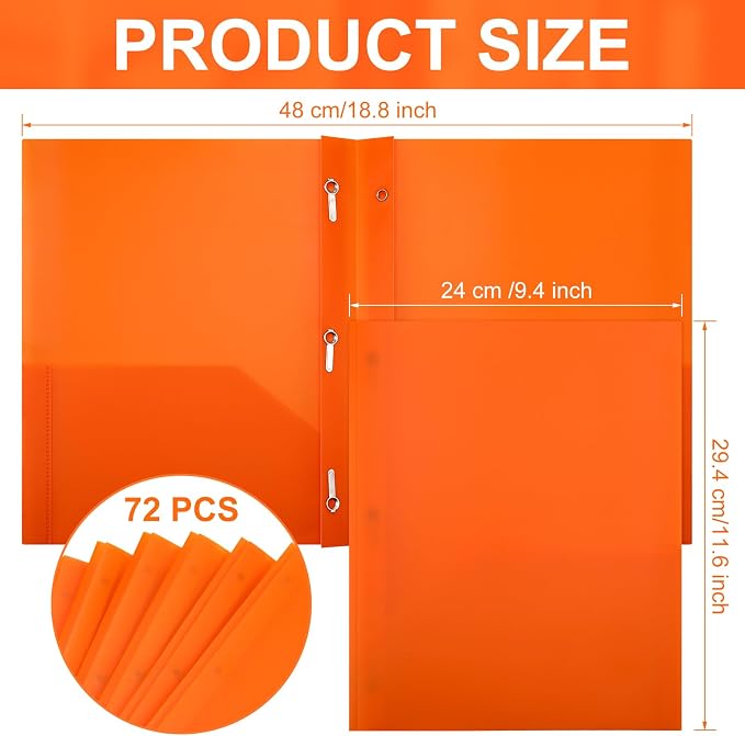 Cholemy 72 Packs Pocket Folders with Prongs Heavy Duty Plastic Folder with Business Card Slot 3 Prong Fasteners for School Office (Orange)