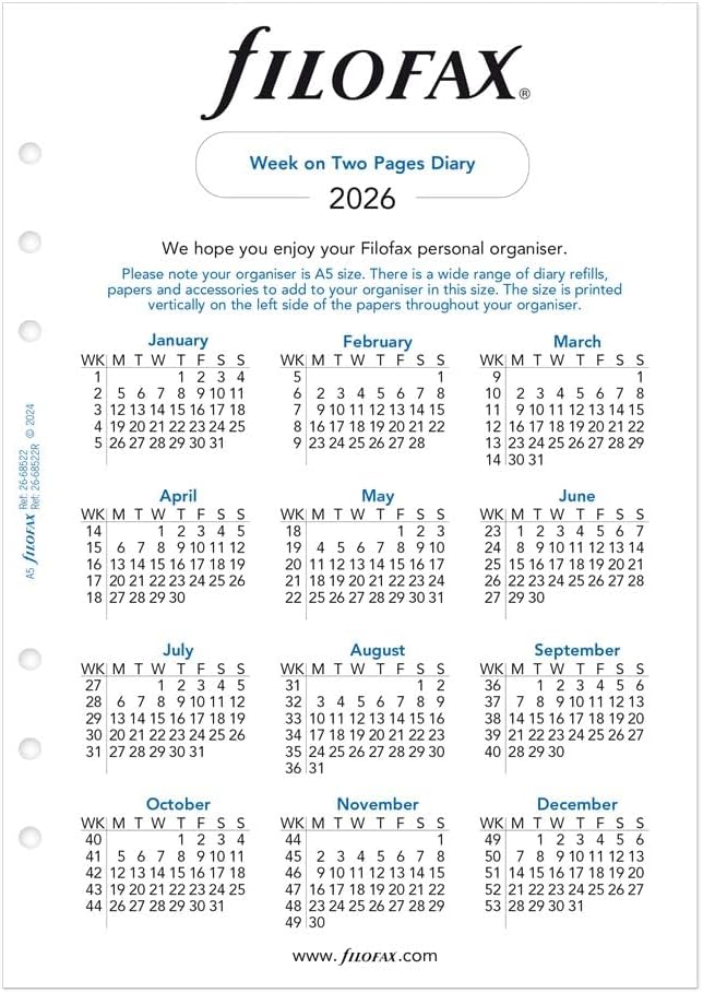 Filofax Calendar Diary Refill, A5 Size, Week-to-View, White Paper, Unruled, English, 2026 (C68522R-26)