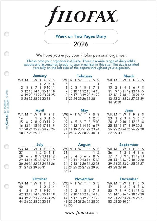 Filofax Calendar Diary Refill, A5 Size, Week-to-View, White Paper, Unruled, English, 2026 (C68522R-26)
