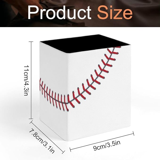 Baseball Ball Square Leather Pen Holder, Minimalist Desk Organizer for Office Home School, Pencil & Stationery Storage Box, Gift for Students Teachers Colleagues