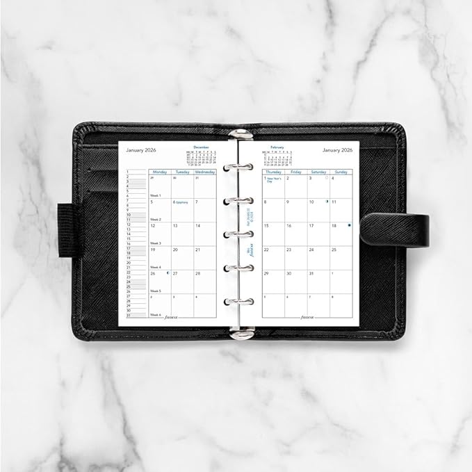 Filofax Calendar Diary Refill, Mini Size, Month-to-View, White Paper, English, 2026 (C68110-26)