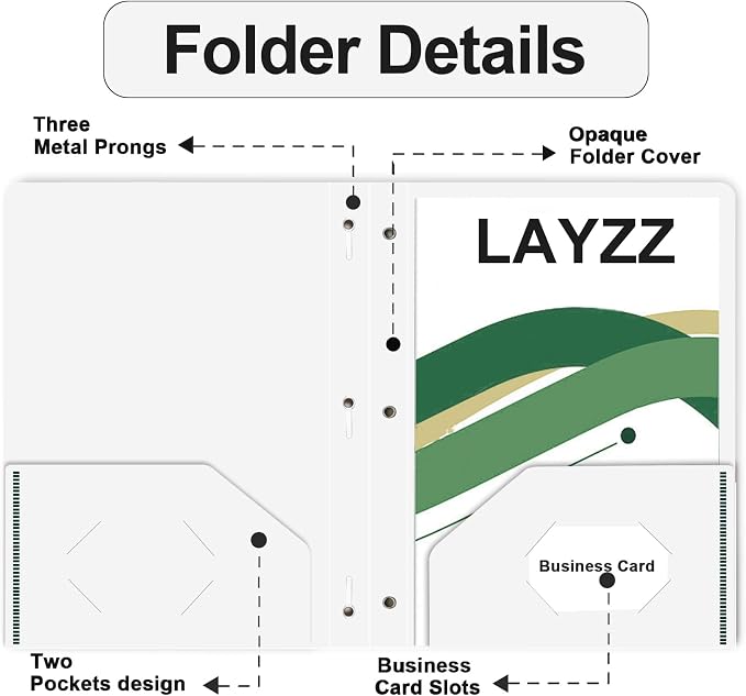Two Pocket Folders with Prongs, LAYZZ 60 Pack Poly Plastic Folders, Heavy Duty Plastic Folders with Pockets and Prongs, Letter Size, for Offices and Schools (White)