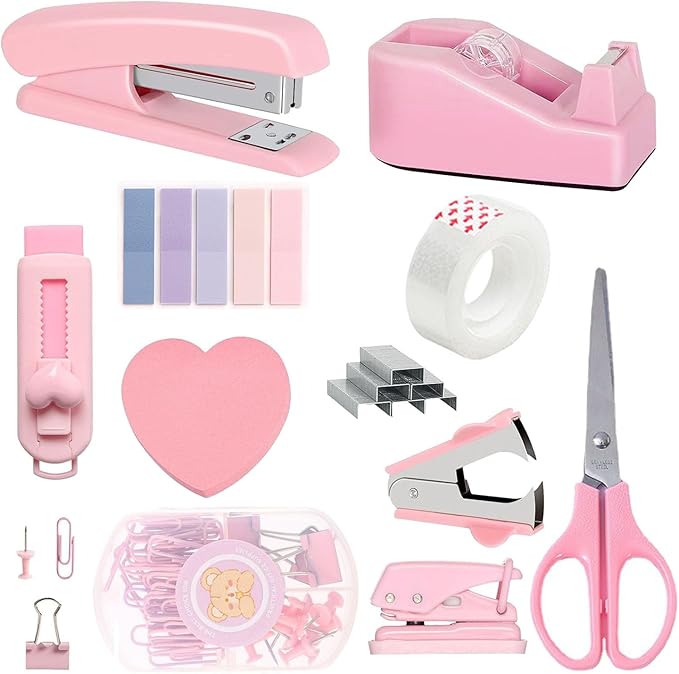 Office Supplies Set Pink 13 Pcs with Rotating Pen Holder Stapler Tape Dispenser Scissors Ruler Clips Kit for Desk Organization School Home Workplace Accessories and Employee Gifts (Pink)