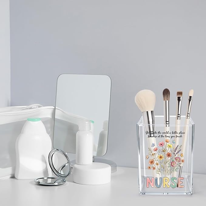 Cute Floral Nurse Acrylic Cosmetic Pencil Pen Holder Cup Gifts for Nurse Women Nursing Student RN LPN CNA MA NP Decor for Home Office Desk Vanity Organizers and Accessories