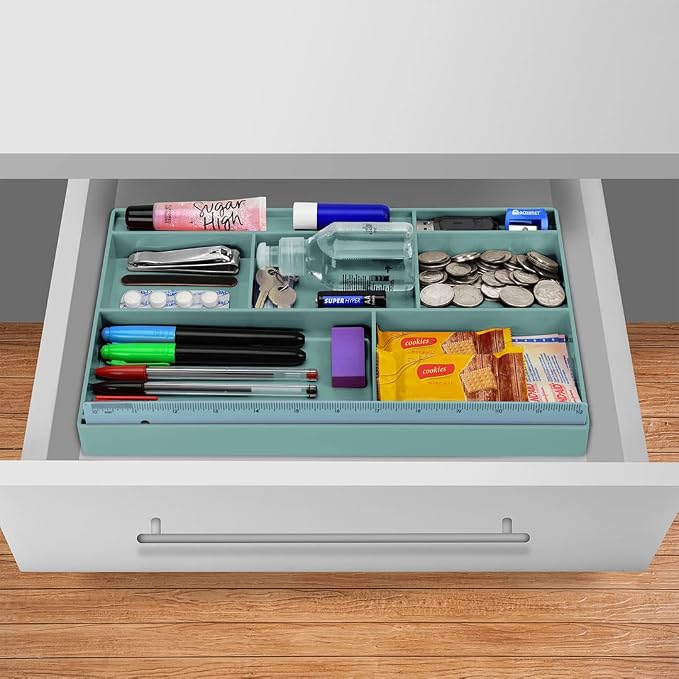 Acrimet Desk Drawer Organizer Tray with 8 Compartments – Multi-Purpose Bin for Office Supplies, Makeup, and Accessories – Fits inside Drawers or Desktops, 12.75" x 8" x 1.06" (Plastic) (Green Color)