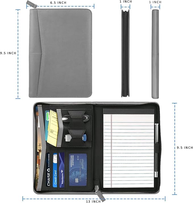 Junior Business Padfolio - A5 PU Leather Portfolio Binder & Zippered Binder Folder with 5 x 8 Writing Pad and Interior Storage Pocket Executive Business Organizer for Men Women,Gray