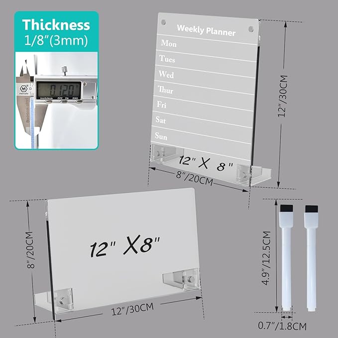 2PCS Clear Acrylic Weekly Dry Erase Board Desktop, 12x8 Small Magnetic Whiteboard with Stand for Desk Calendar Memo Board for Fridge, Office, School, Home