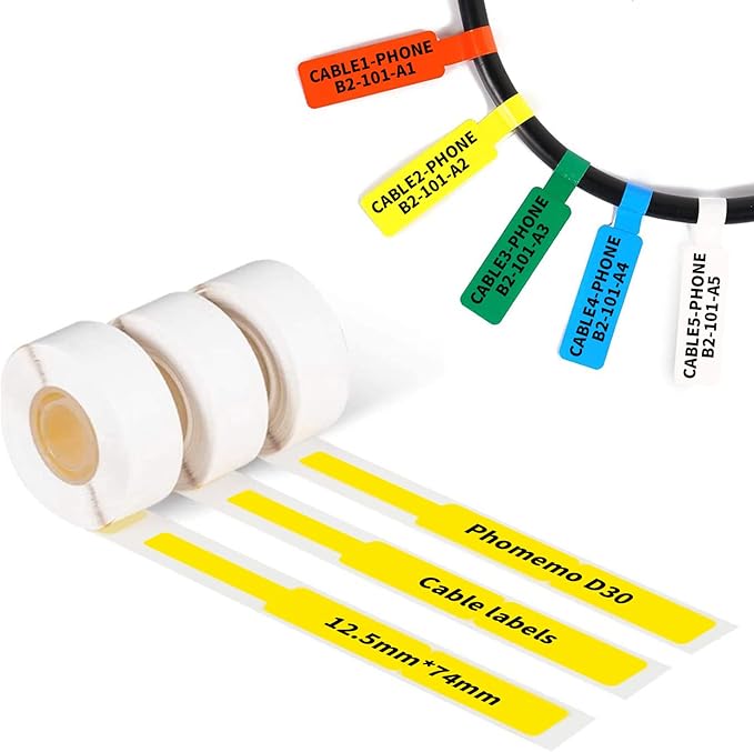 Phomemo D30 Cable Label Colorful Waterproof Wire Cord Labels, (12.5mm X 74mm) 65 Labels/Roll, Tags Stickers Tear Resistant Flexible, Phomemo d30 Label Tape -Black on Yellow Paper, 3 Roll