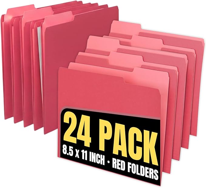 1InTheOffice Red File Folders Letter Size, File Folders with Tabs, Filling Folders, 1/3 Cut Tab, 24/Pack