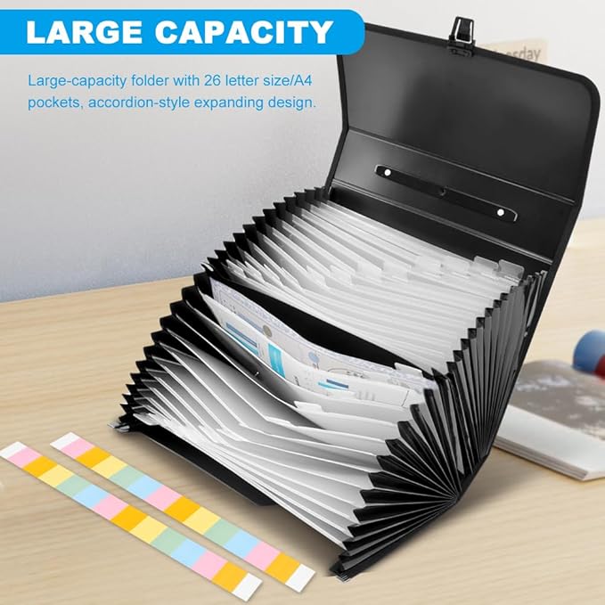 26 Pockets Accordion File Organizer with Lock,Document Organizer with Labels,Fireproof Expanding File Folder Paper Organizer Folder for Letter A4 Files | Receipt and More