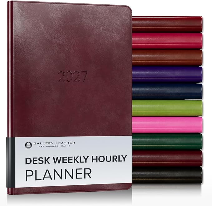 Gallery Leather Desk Hourly Weekly Monthly Planner 2027, Elegantly Bound Calendar Planner and Notebook with Stylish Gold-Gilded Page Edges, 12 Months - Acadia Burgundy - 8x5.5"
