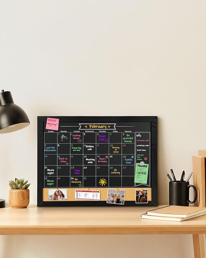 TORASO Magnetic Chalkboard Calendar Corkboard, Small Combination Chalk Board Bulletin Board, 13" x 17",Black Wood Framed Blackboard Calendar Cork Combo Board(ZHHB-BK-3343)
