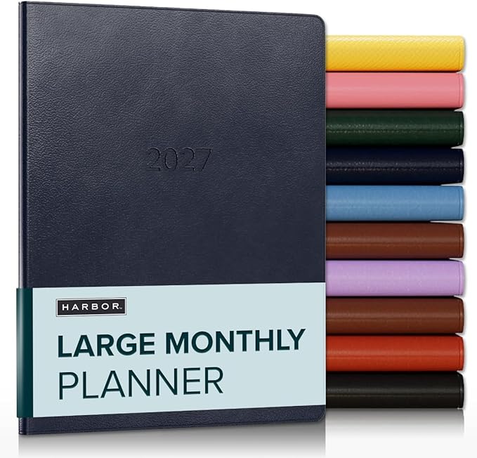 Harbor Large Monthly Planner 2027, Calendar Planner and Notebook, Durable Faux Leather, 14 Months, 96 Pages, Softcover & Lightweight - Leida Navy - 9.75x7.5"