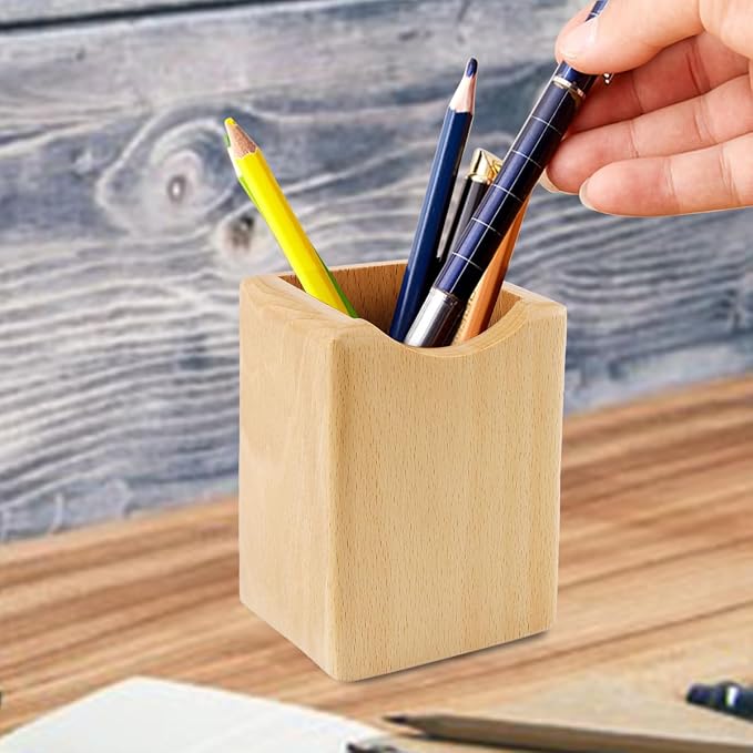 Natural Wooden Pen Box Desktop Stationery Organizer Creative Simple Solid Wood Pencil Holder for Office Supplies (Beech Wood)
