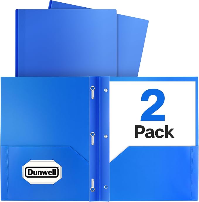 Dunwell Plastic Folders with 3 Prongs, (2 Pack, Blue), 2-Pocket Folders with Fasteners, Durable Acid-Free Poly for Long Term Use, Labels Included
