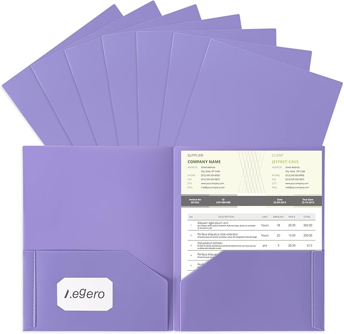Aegero Plastic Folders with Pockets (7 Pack, Purple), Durable Heavy Duty File Folders with Business Card Slot, 2-Pocket Folder for Schoolwork & Office,Letter Size