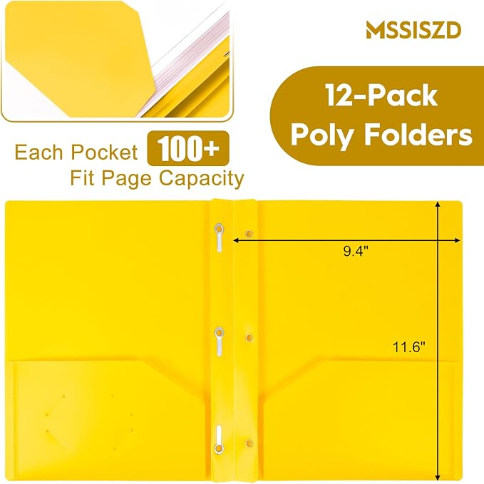 24-Pack Plastic Folders with Pockets and Prongs,2-Pocket Folders with 3 Fasteners, Holds 8-1/2" x 11" Paper for School/Office/Home, Yellow